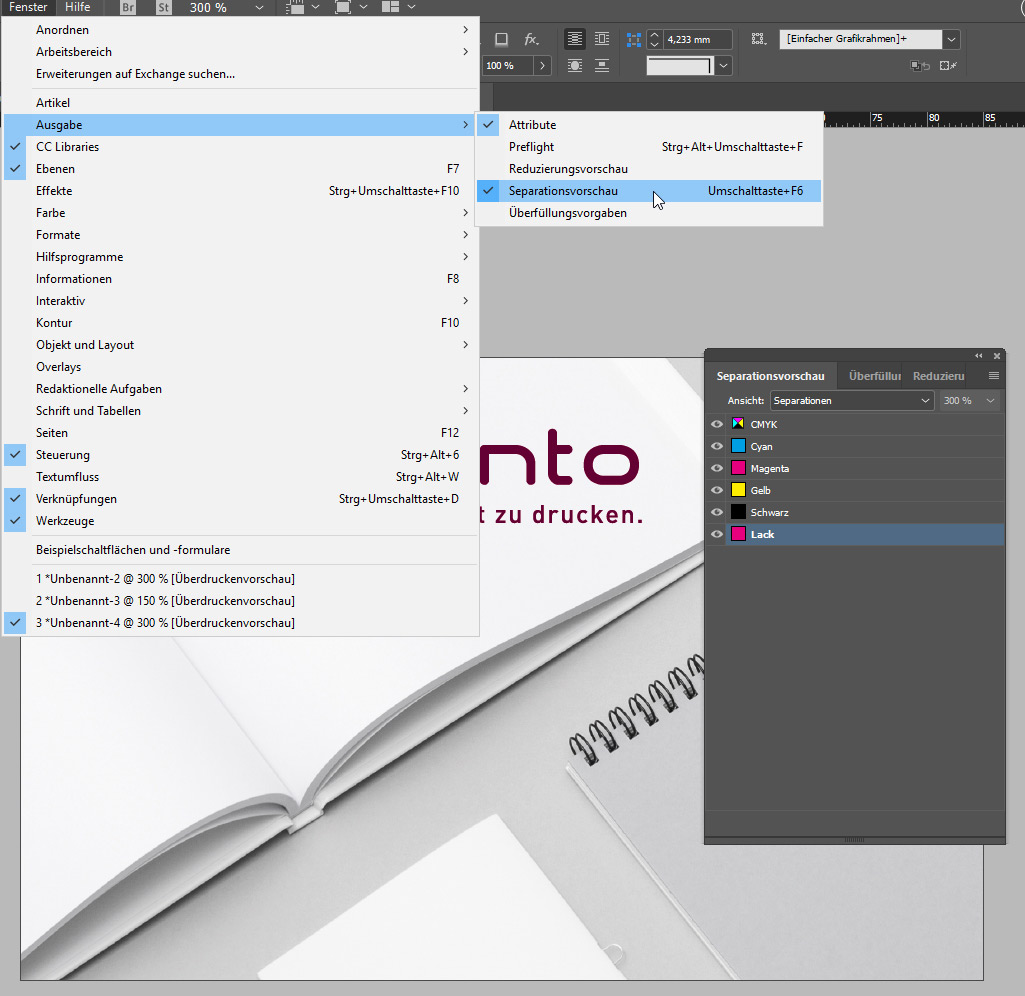 Separationsvorschau bei Adobe InDesign