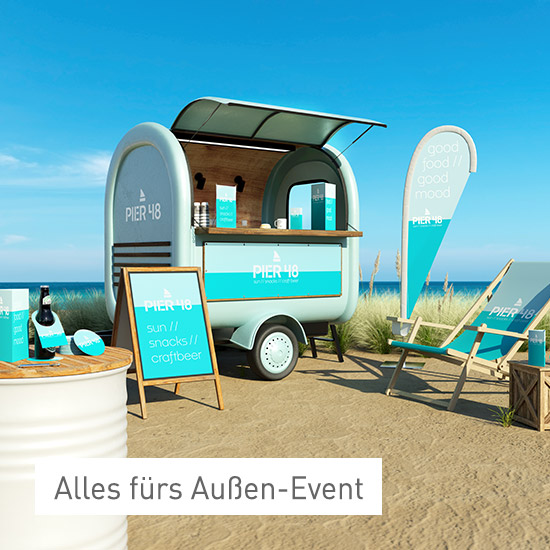 Foodtruck mit Aufsteller, Beachflag und Liegestuhl