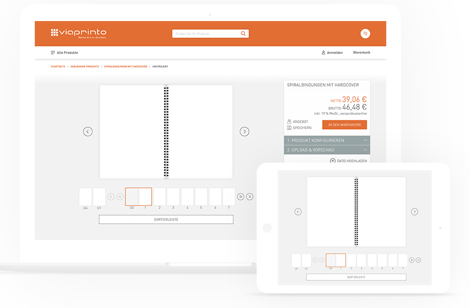 In
            einer blätterbaren Vorschau, die auf einem Monitor angezeigt wird, werden die Seiten eines Softcovers
            umgeblättert und über die Sortierleiste aufgerufen.