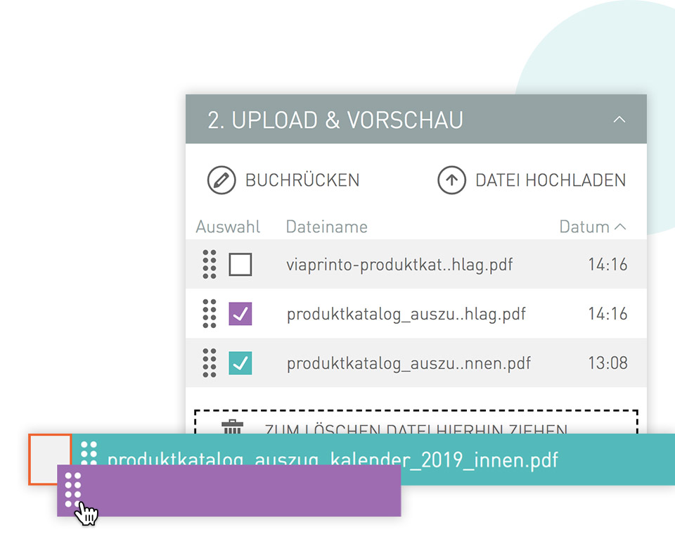 Dateiliste mit anskizzierter Animation zum Drag and Drop in die Sortierleiste