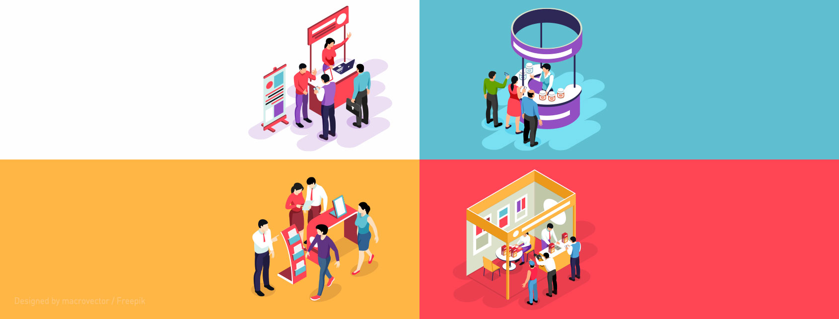 farbige Grafiken mit Personen an Messeständen