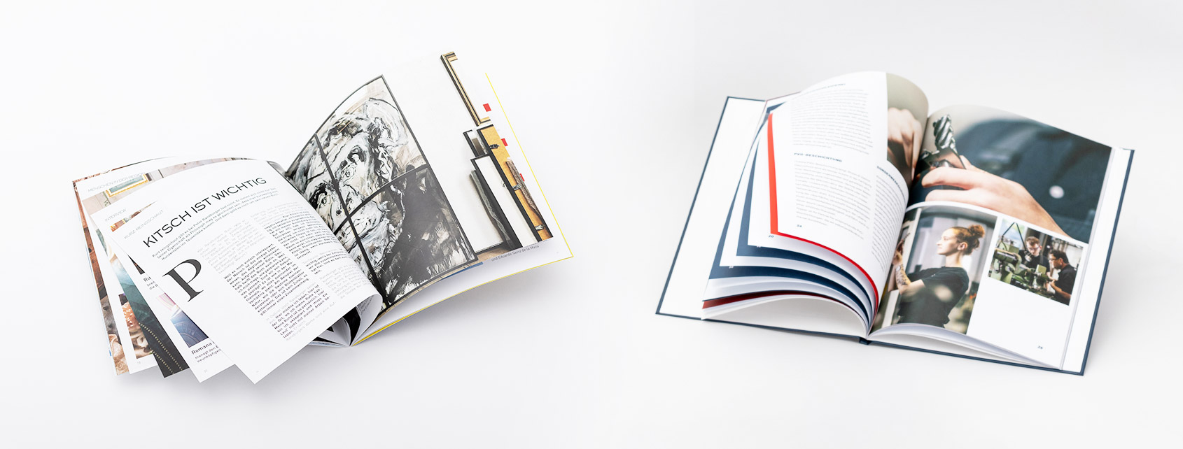 zwei aufgeblätterte Soft- und Hardcover nebeneinander