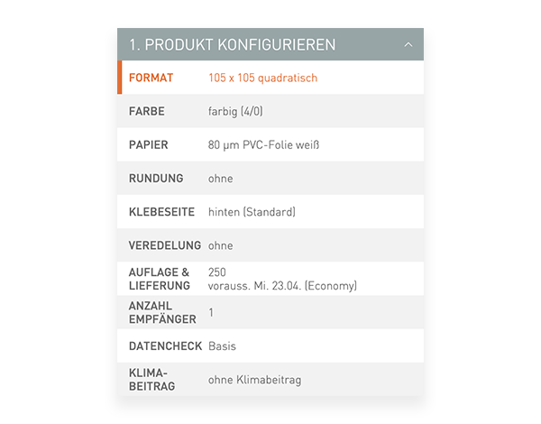 Der Konfigurator von viaprinto. Im Konfigurator wird das Druckprodukt individuell zusammengestellt.