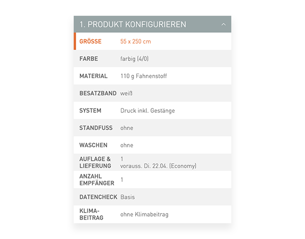 Der Konfigurator von viaprinto. Im Konfigurator wird das Druckprodukt individuell zusammengestellt.