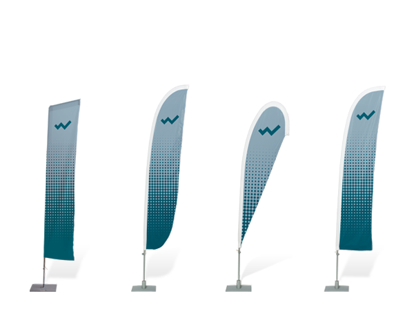 Gezeigt werden die fertigen Beachflags von viaprinto. Sie werden online gedruckt und an Empfänger verschickt.