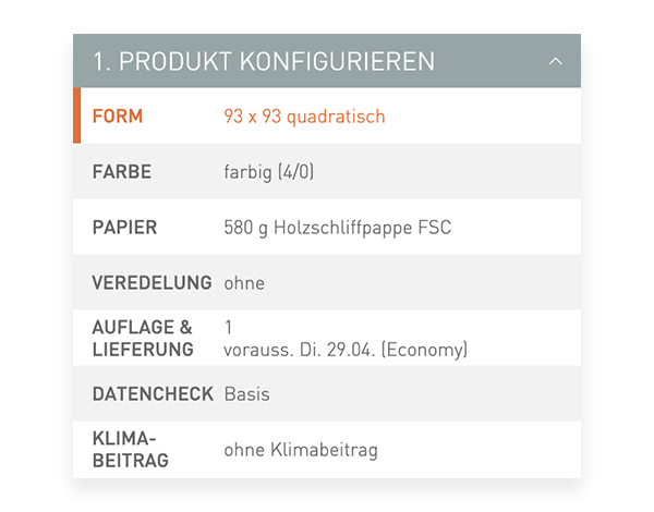 Der Konfigurator von viaprinto. Im Konfigurator wird das Druckprodukt individuell zusammengestellt.