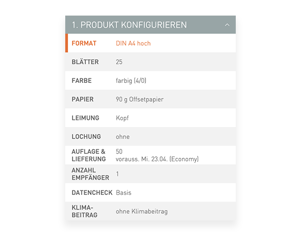 Der Konfigurator von viaprinto. Im Konfigurator wird das Druckprodukt individuell zusammengestellt.