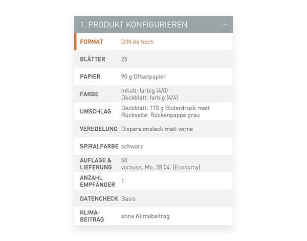 Der Konfigurator von viaprinto. Im Konfigurator wird das Druckprodukt individuell zusammengestellt.
