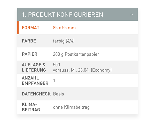 Der Konfigurator von viaprinto. Im Konfigurator wird das Druckprodukt individuell zusammengestellt.