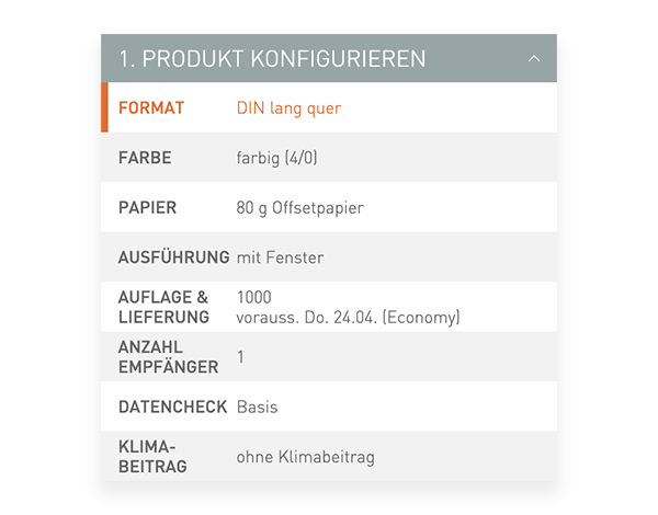 Der Konfigurator von viaprinto. Im Konfigurator wird das Druckprodukt individuell zusammengestellt.