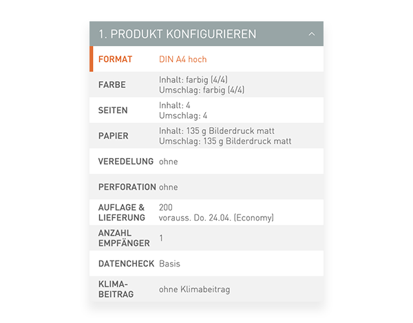 Der Konfigurator von viaprinto. Im Konfigurator wird das Druckprodukt individuell zusammengestellt.
