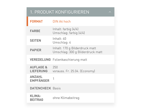 Der Konfigurator von viaprinto. Im Konfigurator wird das Druckprodukt individuell zusammengestellt.