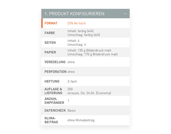 Der Konfigurator von viaprinto. Im Konfigurator wird das Druckprodukt individuell zusammengestellt.