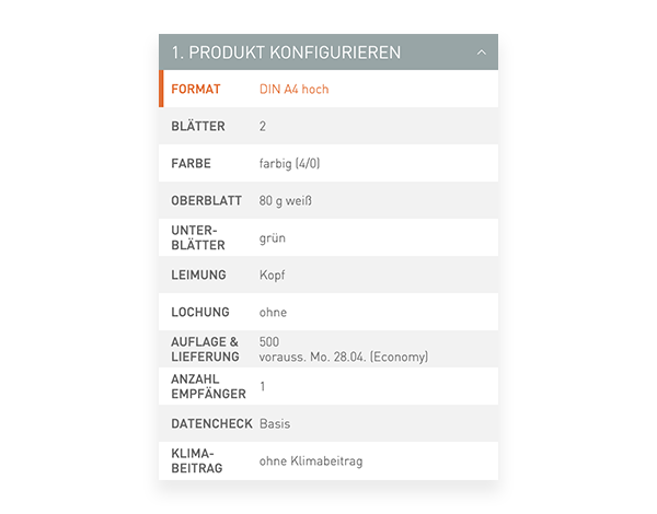 Der Konfigurator von viaprinto. Im Konfigurator wird das Druckprodukt individuell zusammengestellt.
