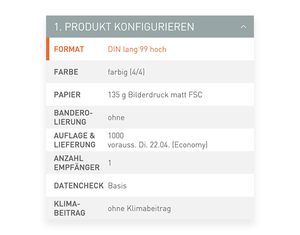 Der Konfigurator von viaprinto. Im Konfigurator wird das Druckprodukt individuell zusammengestellt.