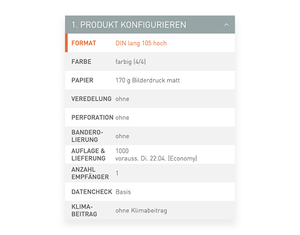 Der Konfigurator von viaprinto. Im Konfigurator wird das Druckprodukt individuell zusammengestellt.