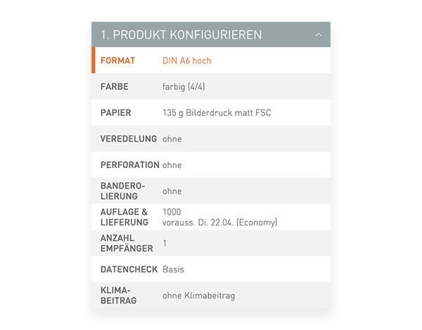 Der Konfigurator von viaprinto. Im Konfigurator wird das Druckprodukt individuell zusammengestellt.