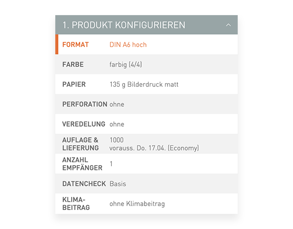 Der Konfigurator von viaprinto. Im Konfigurator wird das Druckprodukt individuell zusammengestellt.