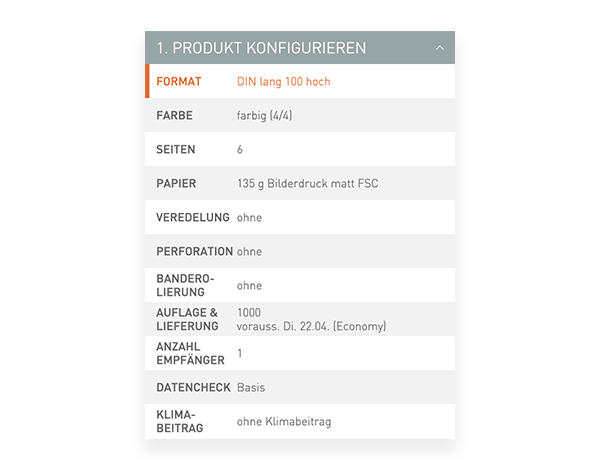 Der Konfigurator von viaprinto. Im Konfigurator wird das Druckprodukt individuell zusammengestellt.