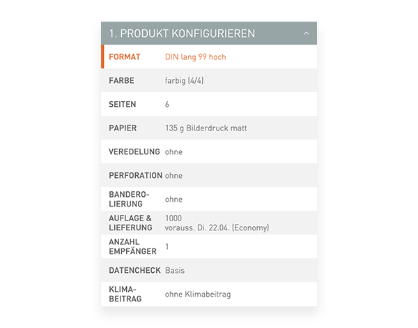 Der Konfigurator von viaprinto. Im Konfigurator wird das Druckprodukt individuell zusammengestellt.