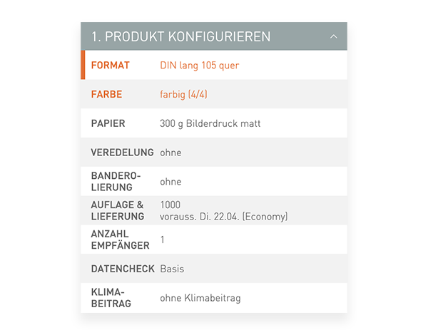 Der Konfigurator von viaprinto. Im Konfigurator wird das Druckprodukt individuell zusammengestellt.