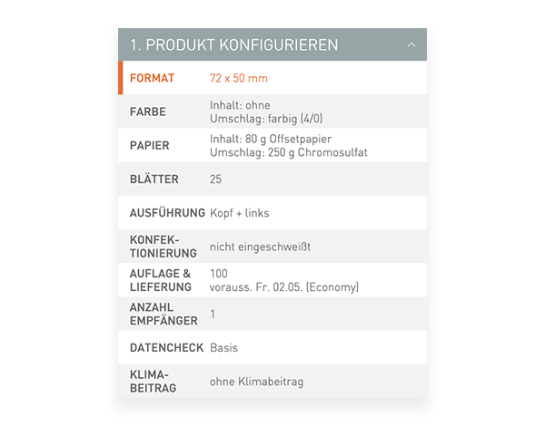 Der Konfigurator von viaprinto. Im Konfigurator wird das Druckprodukt individuell zusammengestellt.