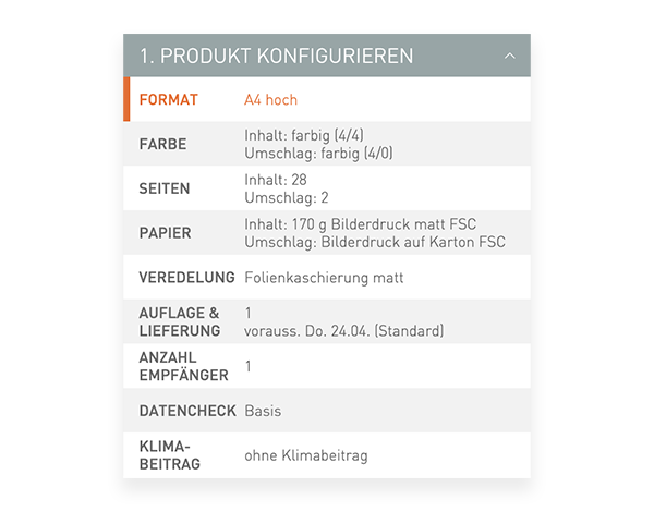 Der Konfigurator von viaprinto. Im Konfigurator wird das Druckprodukt individuell zusammengestellt.