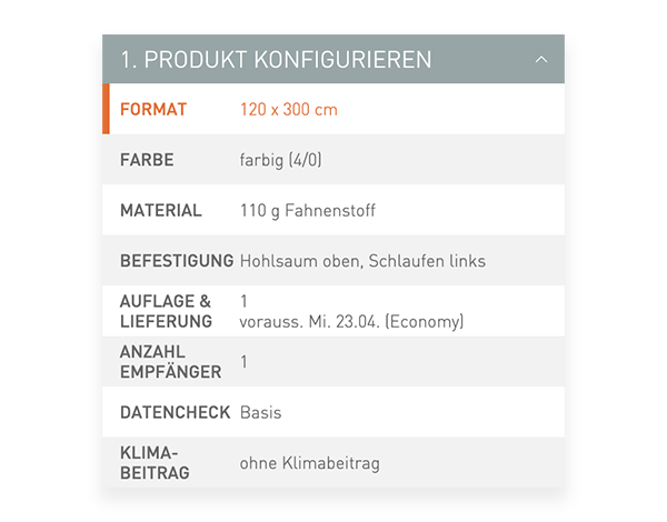 Der Konfigurator von viaprinto. Im Konfigurator wird das Druckprodukt individuell zusammengestellt.