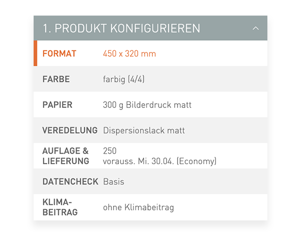 Der Konfigurator von viaprinto. Im Konfigurator wird das Druckprodukt individuell zusammengestellt.