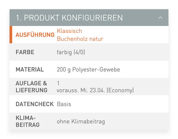 Der Konfigurator von viaprinto. Im Konfigurator wird das Druckprodukt individuell zusammengestellt.