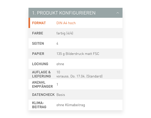 Der Konfigurator von viaprinto. Im Konfigurator wird das Druckprodukt individuell zusammengestellt.