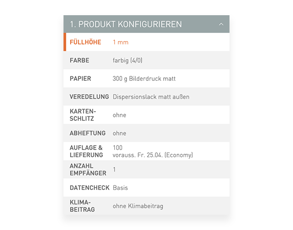 Der Konfigurator von viaprinto. Im Konfigurator wird das Druckprodukt individuell zusammengestellt.