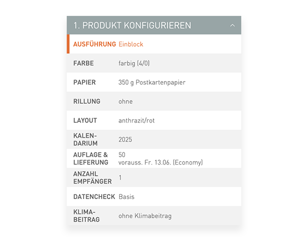 Der Konfigurator von viaprinto. Im Konfigurator wird das Druckprodukt individuell zusammengestellt.