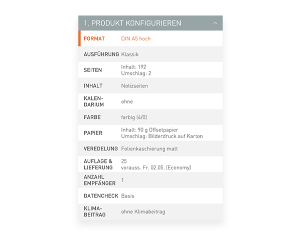 Der Konfigurator von viaprinto. Im Konfigurator wird das Druckprodukt individuell zusammengestellt.