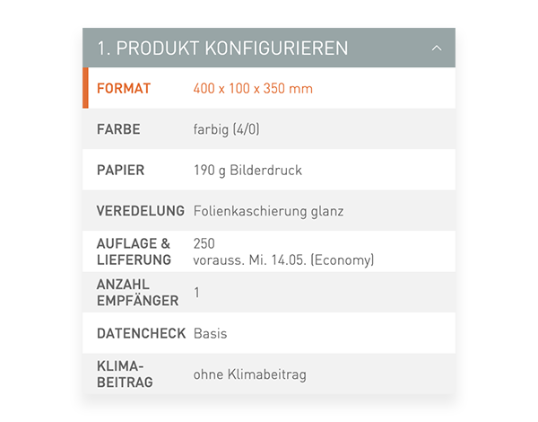 Der Konfigurator von viaprinto. Im Konfigurator wird das Druckprodukt individuell zusammengestellt.