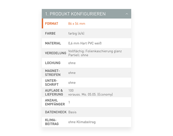 Der Konfigurator von viaprinto. Im Konfigurator wird das Druckprodukt individuell zusammengestellt.
