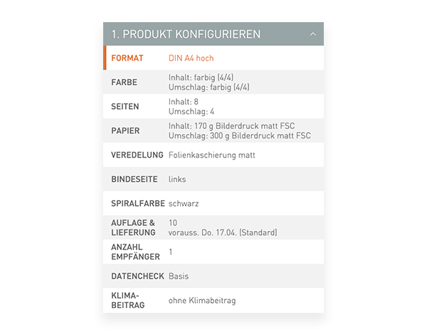 Der Konfigurator von viaprinto. Im Konfigurator wird das Druckprodukt individuell zusammengestellt.