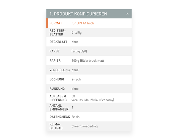 Der Konfigurator von viaprinto. Im Konfigurator wird das Druckprodukt individuell zusammengestellt.