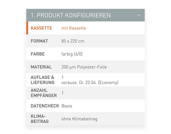 Der Konfigurator von viaprinto. Im Konfigurator wird das Druckprodukt individuell zusammengestellt.