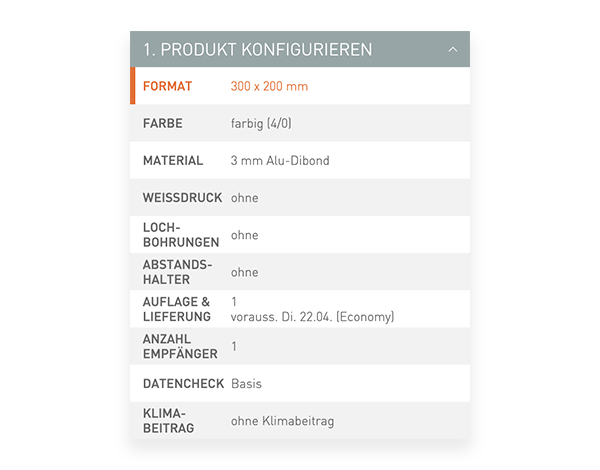 Der Konfigurator von viaprinto. Im Konfigurator wird das Druckprodukt individuell zusammengestellt.