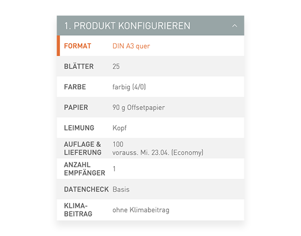 Der Konfigurator von viaprinto. Im Konfigurator wird das Druckprodukt individuell zusammengestellt.