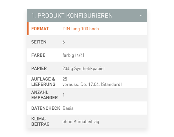 Der Konfigurator von viaprinto. Im Konfigurator wird das Druckprodukt individuell zusammengestellt.