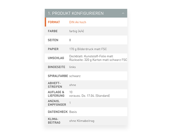 Der Konfigurator von viaprinto. Im Konfigurator wird das Druckprodukt individuell zusammengestellt.