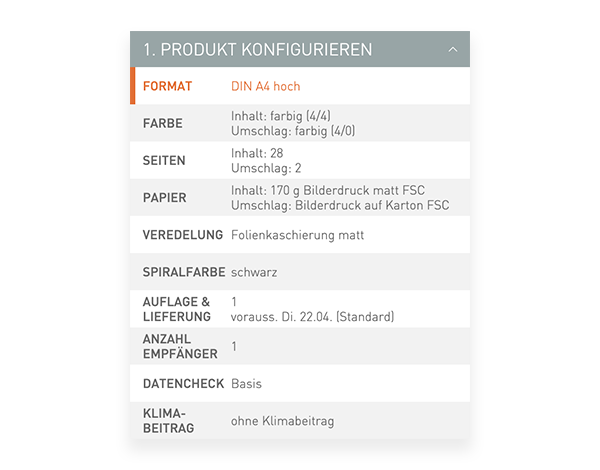 Der Konfigurator von viaprinto. Im Konfigurator wird das Druckprodukt individuell zusammengestellt.
