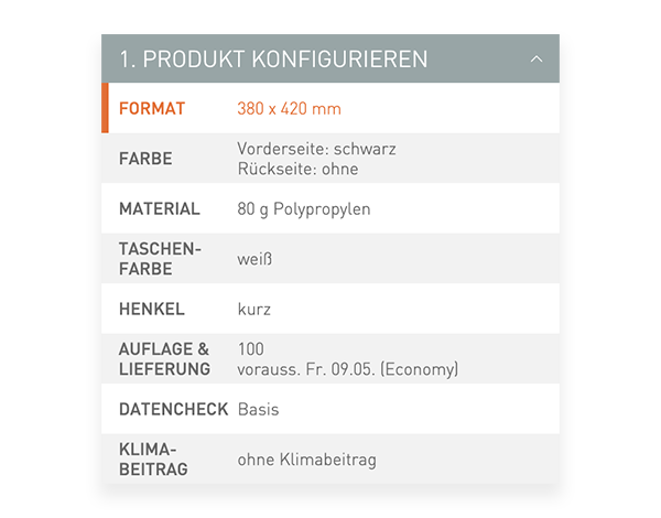 Der Konfigurator von viaprinto. Im Konfigurator wird das Druckprodukt individuell zusammengestellt.