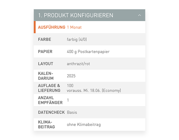Der Konfigurator von viaprinto. Im Konfigurator wird das Druckprodukt individuell zusammengestellt.