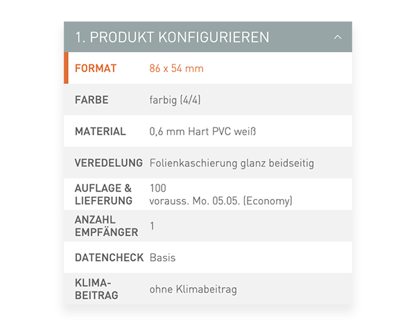 Der Konfigurator von viaprinto. Im Konfigurator wird das Druckprodukt individuell zusammengestellt.