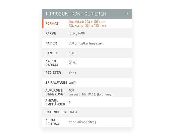 Der Konfigurator von viaprinto. Im Konfigurator wird das Druckprodukt individuell zusammengestellt.