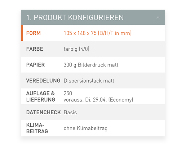 Der Konfigurator von viaprinto. Im Konfigurator wird das Druckprodukt individuell zusammengestellt.