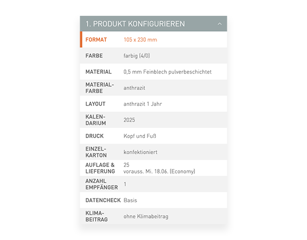 Der Konfigurator von viaprinto. Im Konfigurator wird das Druckprodukt individuell zusammengestellt.